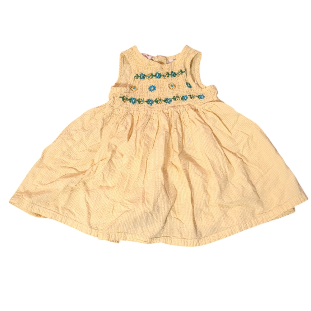 SMALL STEPS Sleeveless Yellow Poof Dress with Flower Embroidery